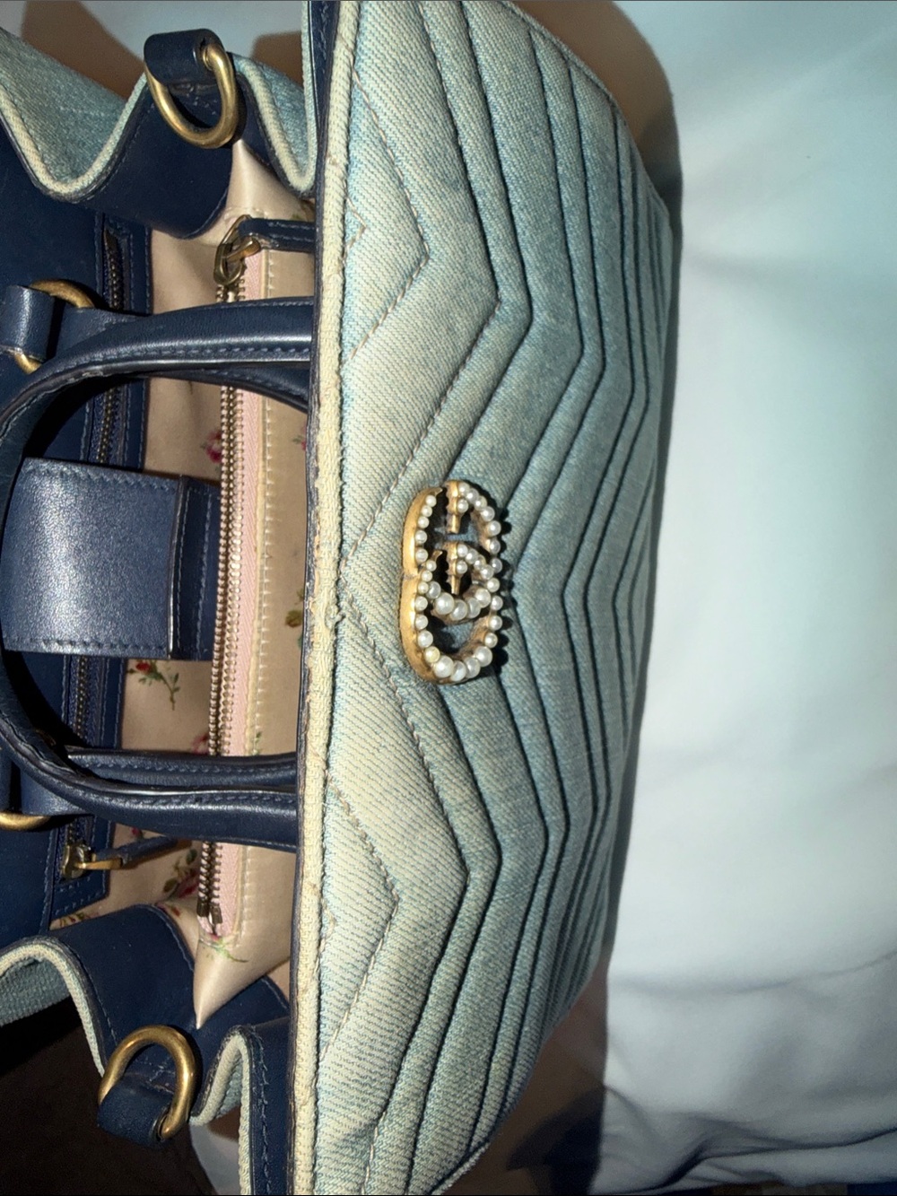Gucci Small GG Marmont Matelassé Denim Pearl Tote Bag - Picture 15 of 16